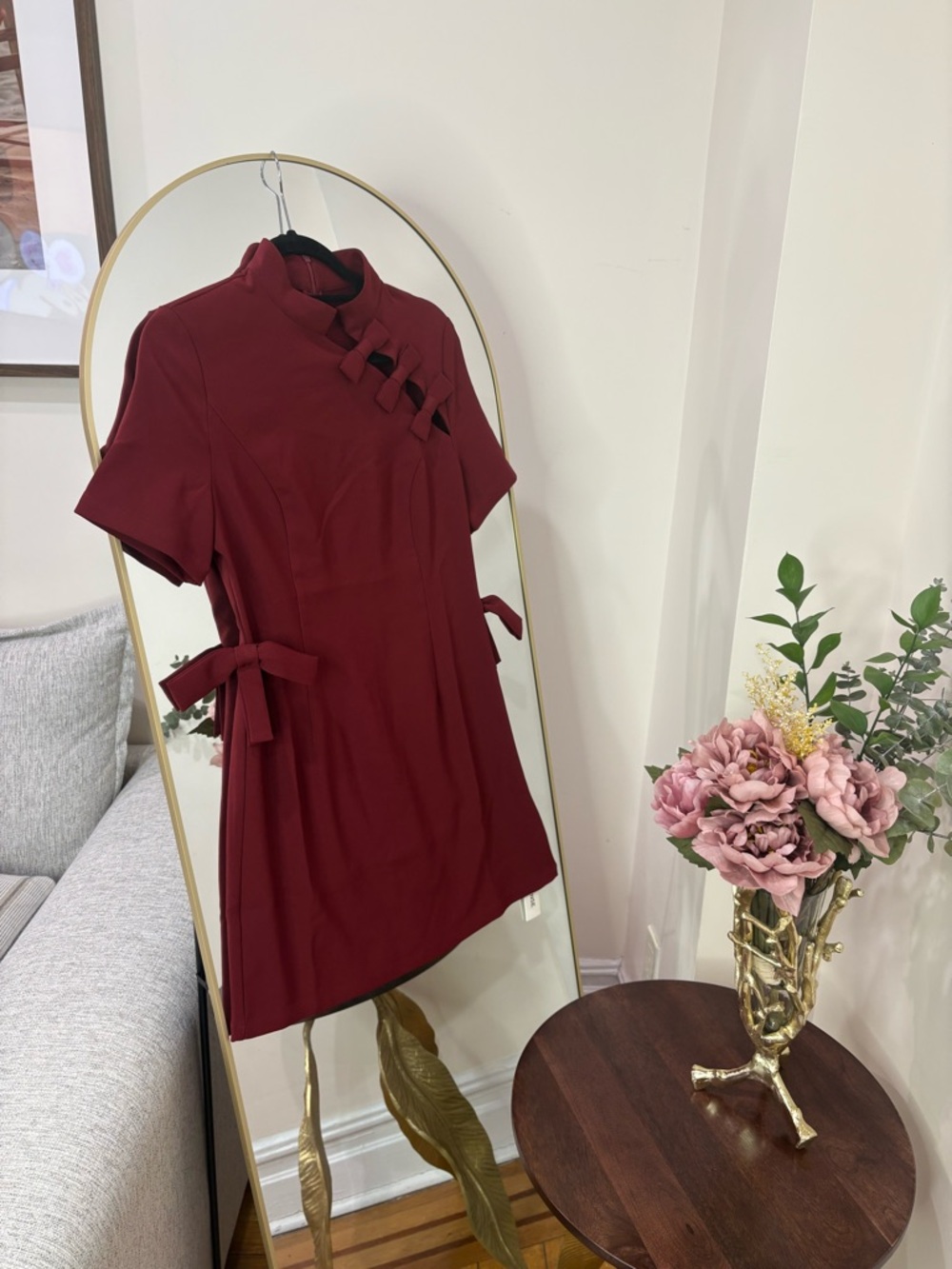 NWT COMMENSE oriental style Elegant Burgundy Short-Sleeve Dress Mandarin Collar